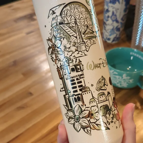 Starbucks Walt Disney World Cream and Gold Water Bottle with Whimsical Design - Picture 6 of 12